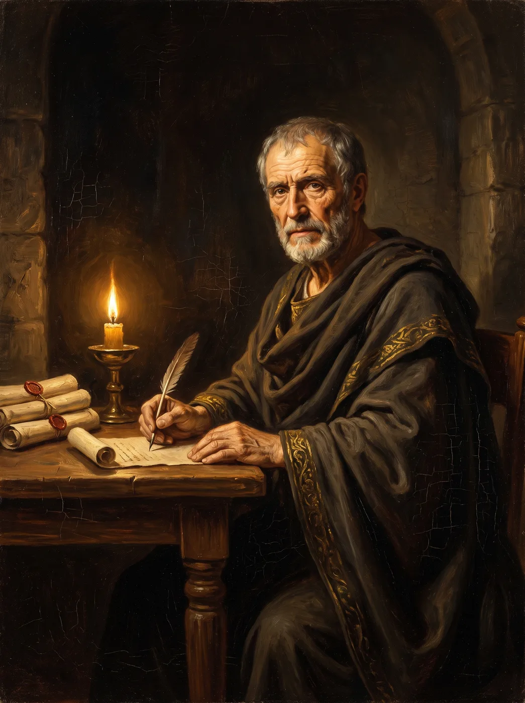Ölgemälde: Seneca schreibt seine Briefe im Licht einer Lampe